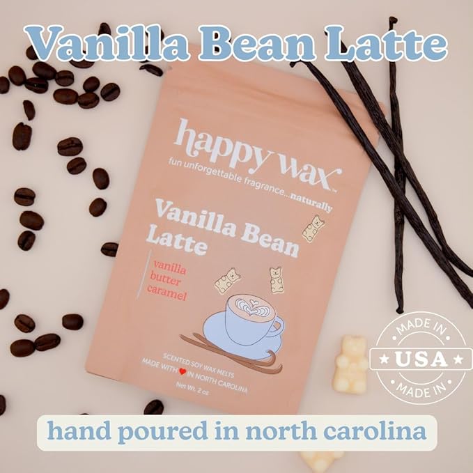 Happy Wax Vanilla Bean Latte Scented Bear Wax Melts - Natural Strong Coffee Scented - Infused with Essential Oils - Non Toxic - for Warmers (8 oz Pouch)