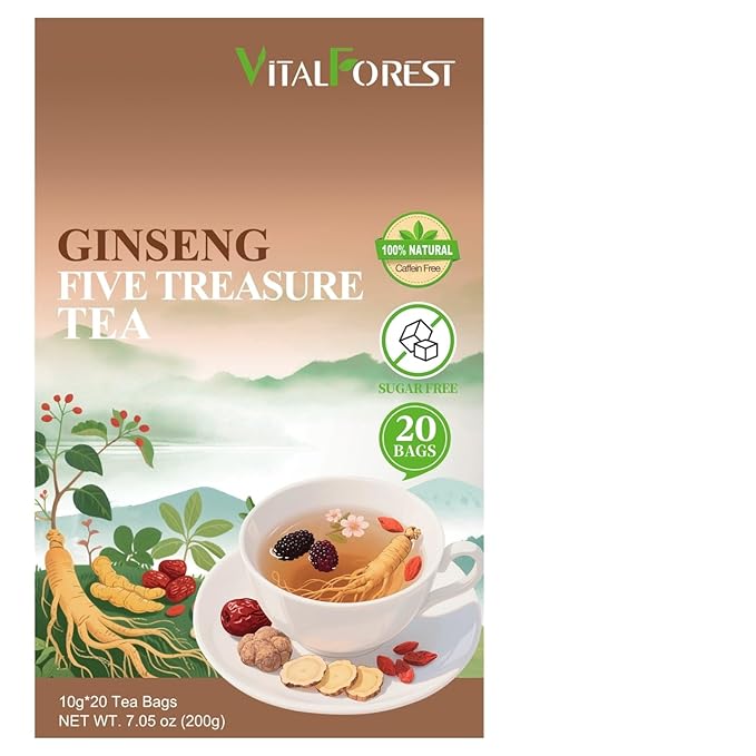 Kidney Tea Formula Ginseng Six Treasure Tea – 10g x 20 Bags Ginseng & Mulberry Herbal Tea Bags, Kidney Cleanse Detox Teas for Men & Women with Goji, Red Dates & Maca
