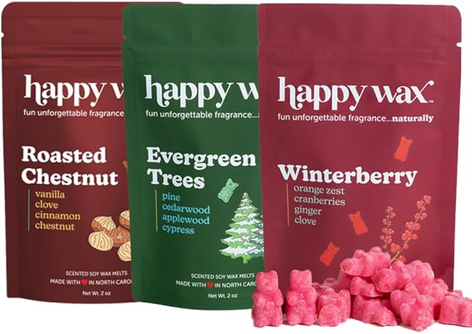 Happy Wax Winter Scented Natural, Non Toxic Soy Wax Melts; 6 Total Oz. of Scented Wax Melts, Collection Includes Winterberry, Evergreen Trees and Roasted Chestnut