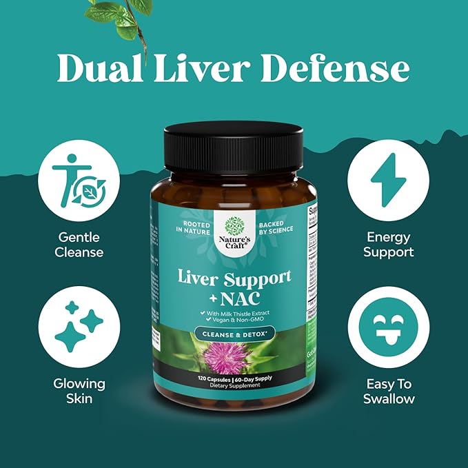 Liver Support NAC Supplement with Milk Thistle for Liver Cleanse Detox & Repair - N Acetyl Cysteine Supplement Liver Cleanse with Antioxidants, Turmeric, Choline, Dandelion & L-Glutathione - 120 Caps