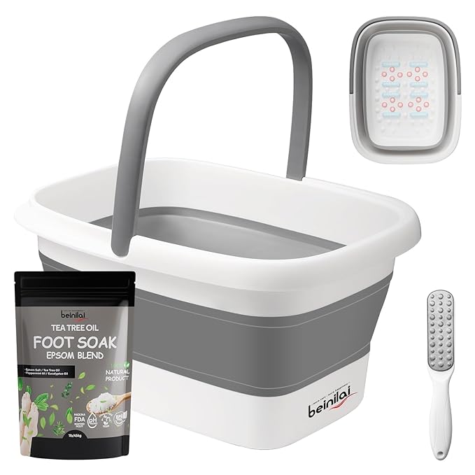 Beinilai Collapsible Foot Bath Kit, Foot Soaking Tub with Handle and Massage Acupoint, Tea Tree Oil Foot Soak with Epsom Salt, and Pedicure Feet File