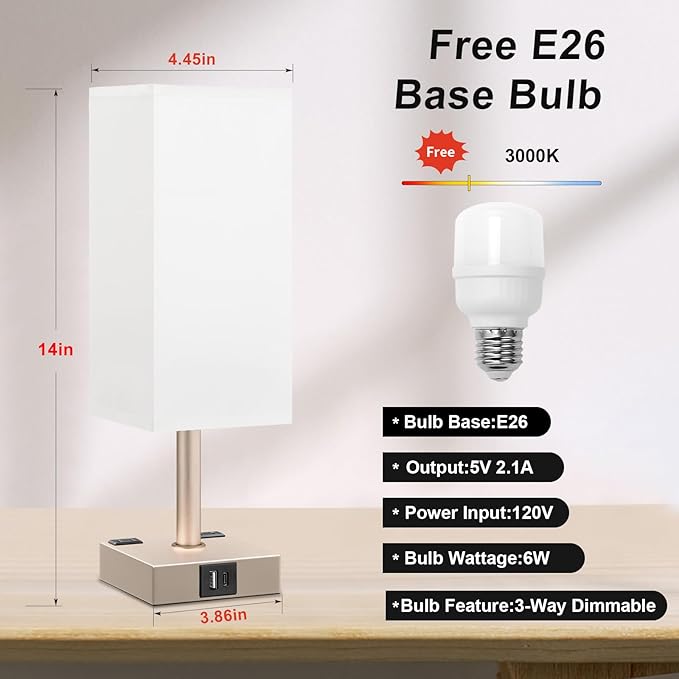 Antique White Touch Table Lamp - Mochaca Gold Bedside Lamp with USB A + Type C Charging Ports and Two AC Outlets, Small Night Stand with E26 LED Bulb, Desk Light for Bedroom Living Room Office Dorm