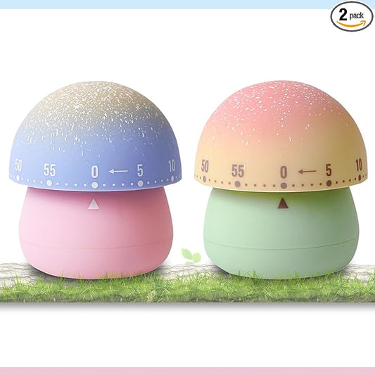 2 Pack Cute Kitchen Timer,100% Mechanical Egg Timer for Kids,60 Minutes Wind up Timer for Cooking/Reading/Do Sports. (Mushrooms)