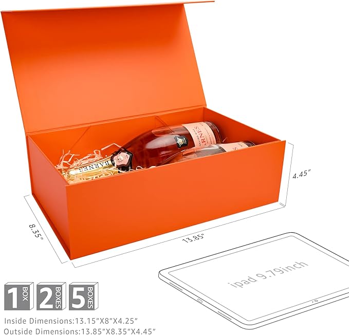LIFELUM Orange Gift Boxes, 13.85 x 8.35 x 4.45 inch 2 Pack Gift Boxes with Lids Contains Card, Ribbon, Shredded Paper Filler for Holidays,Thanksgiving,Birthdays, Bridal Gifts,Weddings