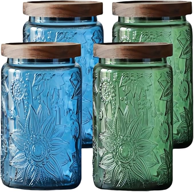 ANSQU Set of 4 Vintage Glass Mason Jars with Lids – 34 FL OZ Sunflower Design – Airtight Storage for Coffee, Tea, Cookies, Candy, Nuts – Kitchen & Pantry Organization (Blue & Green)