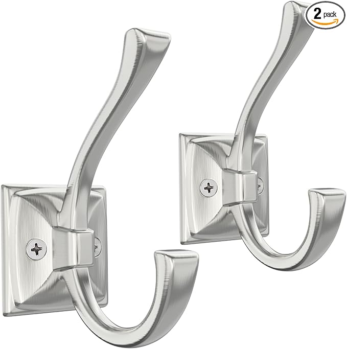 2 Pack Brushed Nickel Towel Robe Hooks, Coat Hooks for Wall Hanging Hat, Key, Bag, Mudroom Hook Entrance Bathroom Door Decorative Heavy Duty Hats Hanger