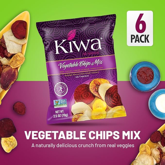 Kiwa Real Veggie Chips Healthy 2.5 Oz (Pack of 6) - Veggie Snacks with Plantain, Beet, Parsnip, Cassava, Sweet Potato - Gluten Free - Non-GMO Healthy Exotic Chips