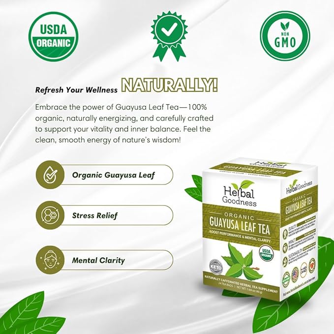 Herbal Goodness Organic Guayusa Leaf Tea Bags – Natural Energy Tea with Antioxidants & Smooth Caffeine | Smooth Focus | 24 Eco-Friendly Teabags – Caffeine Boost Without Jitters - | Yerba Mate Alternative, with Herbal Loose Leaf Tea Benefits