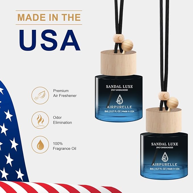 Car Air Freshener Hanging 2 Pack Car Air Fresheners Diffuser - Spicy Sandalwood Fragrance Oil Air Diffuser for Car, 45+ days Long Lasting Fragrance, Two 0.27 FL OZ/8ML Made in USA Car Air Fresheners