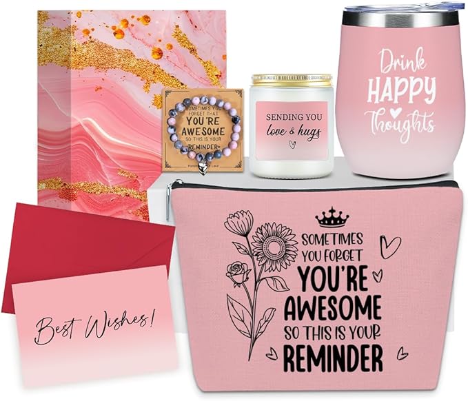 Insparational Birthday Gifts for Women, Thank You Appreciation Friendship Self Care Gifts for Women, Girls Grandma Friends Girlfriend Christmas Wine Tumbler Makeup Bag Scented Candle Bracelet Set