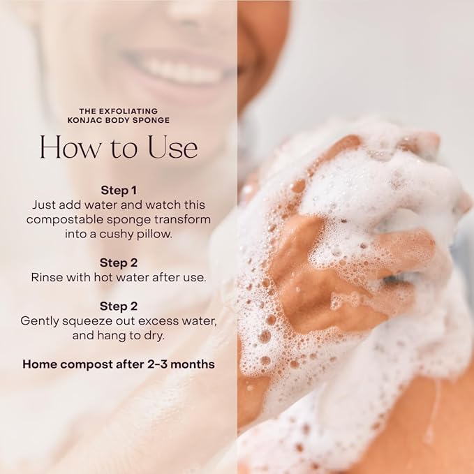 Everist The Exfoliating Konjac Body Sponge, Natural, Reusable, Compostable Bath Sponge for Sensitive Skin, Charcoal Cleansing, 60+ Uses, 1 Each