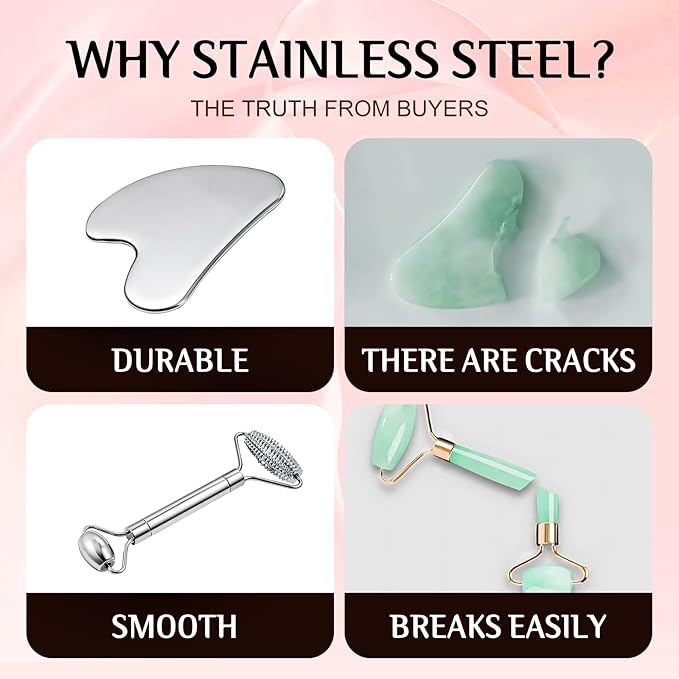 Gua Sha Facial Tools and Face Roller Set, Stainless Steel Facial Sculpting Eyes Roller Guasha for Face, Chin & Jawline Sculpting,Skin Care (Stainless Steel)