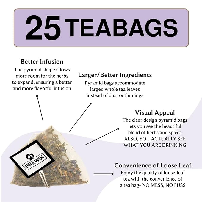 BREWIX, Lavender Mint (25 Pyramid Tea Bags) | Herbal, Caffeine Free, Lavender with Peppermint and Rosemary
