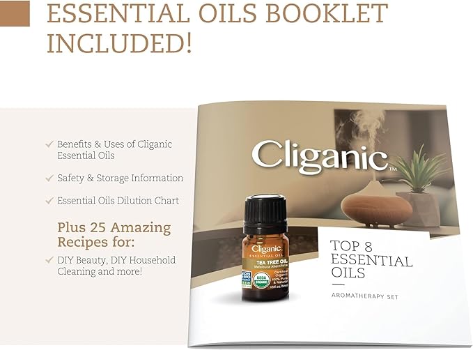 Cliganic Organic Aromatherapy Essential Oils Gift Set (Top 8), 100% Pure - Peppermint, Lavender, Eucalyptus, Tea Tree, Lemongrass, Rosemary, Frankincense & Orange