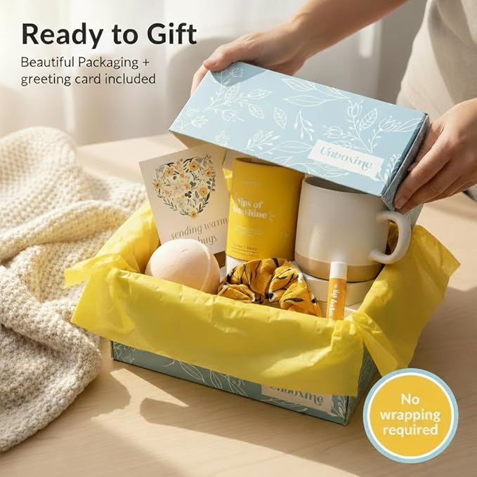 Unboxme Sunshine Gift For Women | Self Care Package with organic herbal tea, fluffy cloud socks, ceramic mug, citrus bath bomb , beeswax lip balm, a fun floral scrunchie + a sending hugs card
