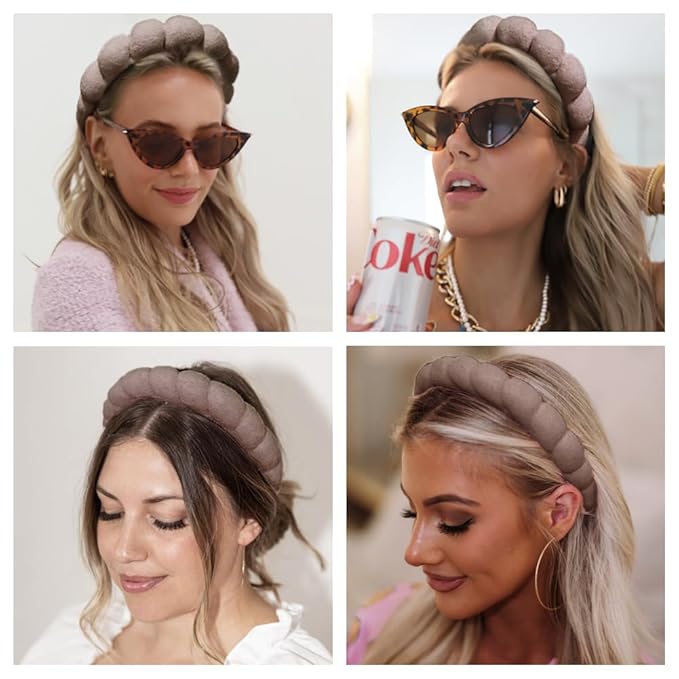 Spa Headbands for Washing Face or Makeup, Sponge Bubble Skincare Headbands, Puffy Terry Cloth Hairband for Women, Skin Care Makeup Headwear Hair Accessories for Girls (Dark Coffee)