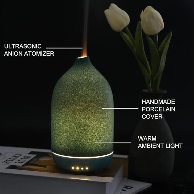 Essential Oil Diffusers, Aromatherapy Diffuser for Essential Oils, 100ml Ceramic Oil Diffusers for Large Room - 5 Timers, Warm Ambient Light, Auto-Off