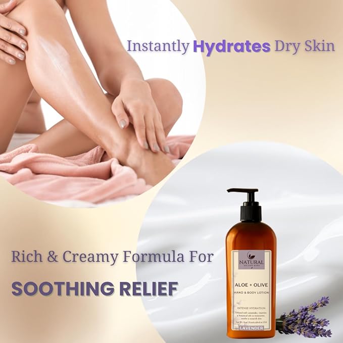 Natural Escapes Lavender Body Lotion for Dry Sensitive Skin, Eczema Relief Moisturizer with Aloe Vera, Olive Oil, Ceramides, Vitamin B5 and E, Hand and Body Cream for Women and Men, 8oz