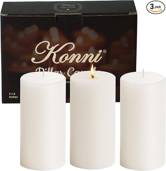 KONNI White Pillar Candles Set of 3, 3"x 6" Unscented Pillar Candles Bulk, 56 Hours Long Burning Candles, Smokeless&Dripless Large Round Candle for Wedding, Home Decoration, Parties, Spas, Dinner