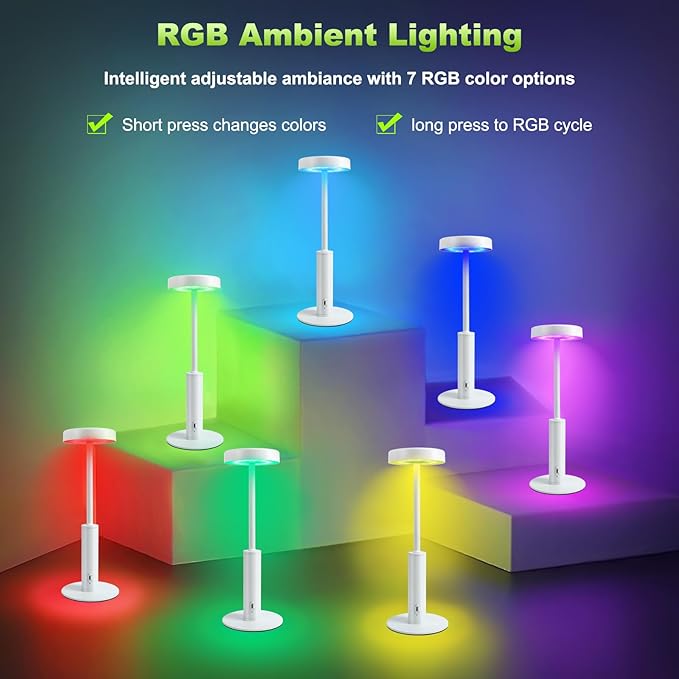 Cordless Table Lamp,Portable Rechargeable Battery Desk lamp,3 CCT & 7 RGB Color Changing Dimmable Bedside Lamp,Touch Control Ambient Light for Bedroom/Dining Room/Restaurant/Cafe(White)