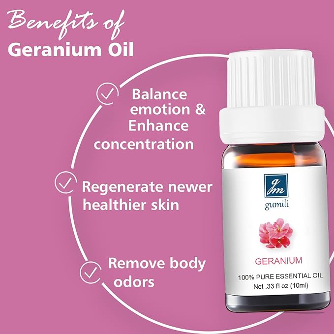 Geranium Essential Oil 10ml, 100% Pure Geranium Oil for Diffuser, Skin, Hair, Face, Soap & Candle Making, Aromatherapy & Massage