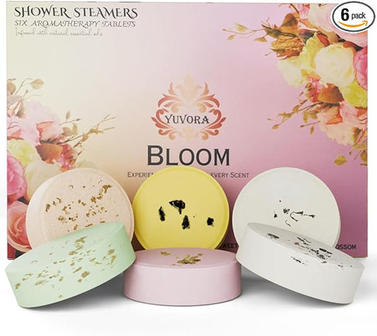 Shower Steamers Gift Set – 6 Aromatherapy Scents for Women & Men – Bloom Collection – Essential Oil Shower Bombs for Relaxation, Stress Relief & Self-Care – Spa Gift for Her or Him