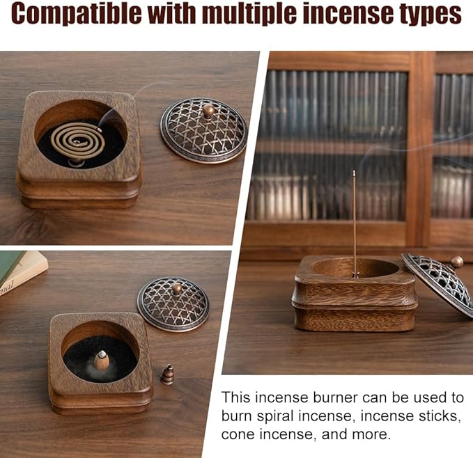 Bamboo Node Walnut Wood Incense Burner Holder - 4" Handcrafted Square Censer with Alloy Lid for Sticks/Cones/Yoga & Meditation (Natural Wood, Zen Home Décor)