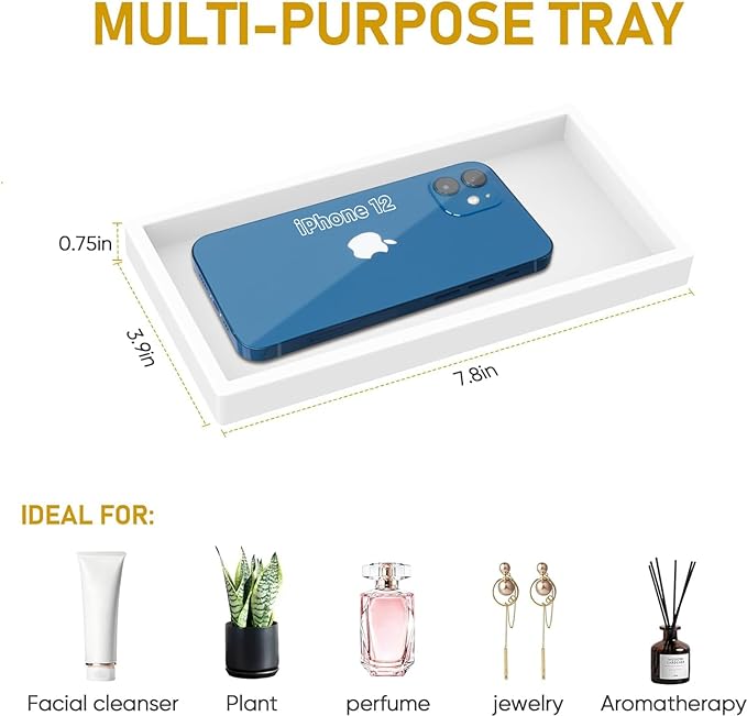 EG-SIPRO Silicone Bathroom Tray, Thickened Shatterproof Rectangle Vanity Tray for Counter, Soap Dispenser Tray - Small 7.8 * 3.9 in - White Marble Pattern