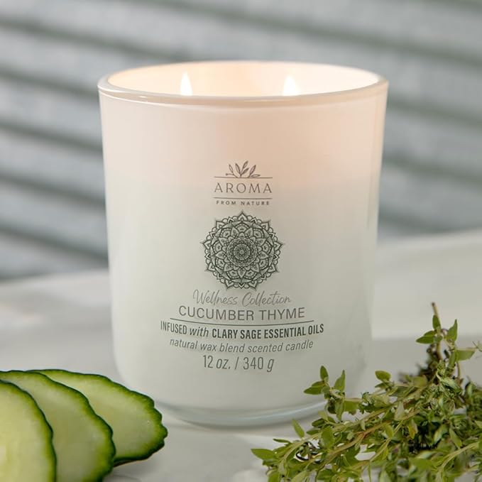 Aroma from Nature Wellness Collection Candle, 12 oz, 2 Cotton Wicks, Cucumber Thyme, Large Painted Jar