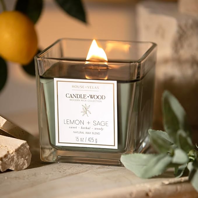 Candle Wood Collection, 15 oz, 1 Wooden Wick, Lemon + Sage, Square Glass Jar Candle