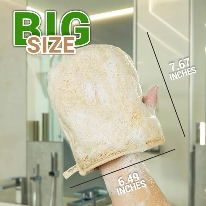 Premium Vietnamese Natural Loofah Gloves – Exfoliating Body Scrubber Mitts with Thumb Holes, Easy Grip Design, for Men & Women, Shower & Bath (Pack of 2)