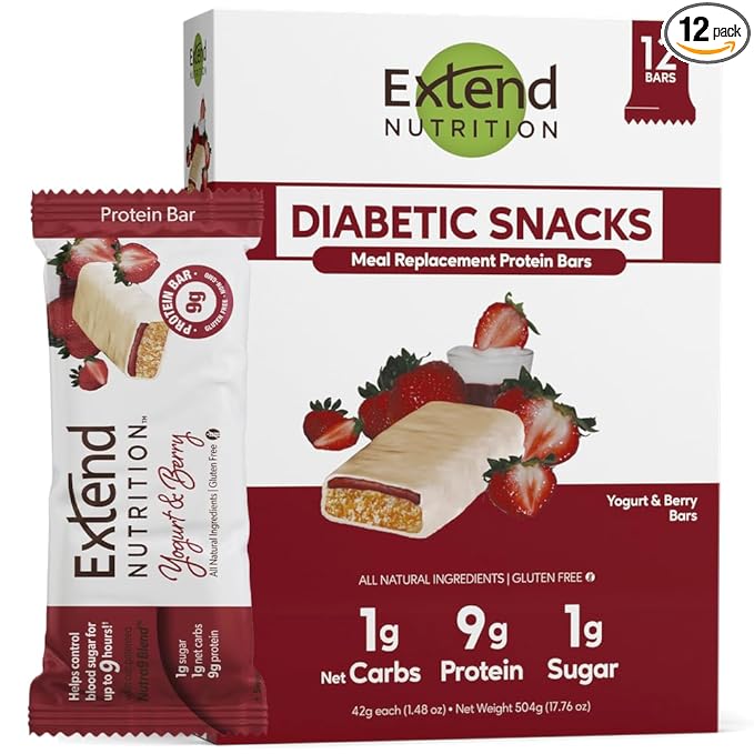 Extend Nutrition 1 Gram Sugar High Protein Bars, Perfect Diabetic Snacks for Adults and Kids, High Protein Bars for Hunger Control & Steady Energy, Low Carb, Keto Friendly, Yogurt and Berry, 12 Count