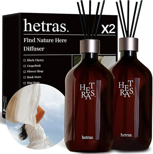 hetras Premium Reed Diffuser Set 16.9 fl.oz. 2 Pack | Pure Laundry - Fresh & Warm Scent | Long-Lasting Luxury Fragrance with 10 Reed Sticks for Home & Office | Gifts for Loved One