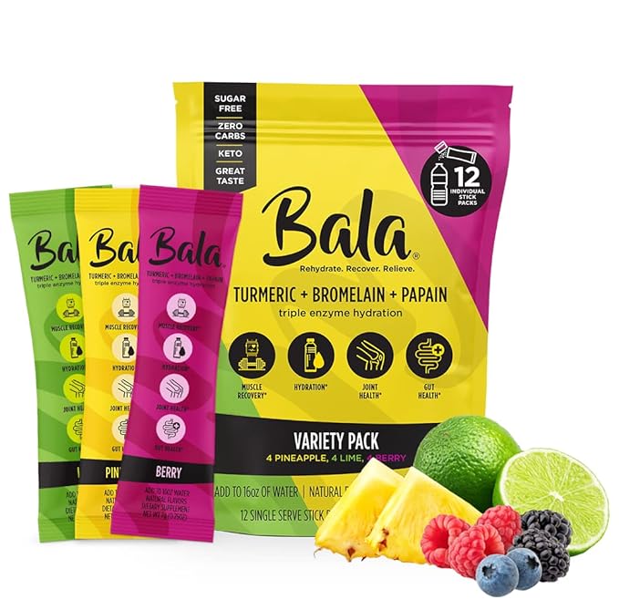 Bala Enzyme Hydration & Sugar-Free Drink Mix - Turmeric, Bromelain, Papain - Immunity, Mobility - Variety Pack 0.25oz (12 Count)