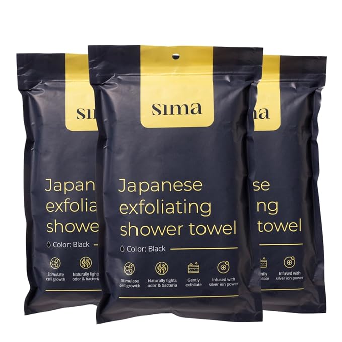 Exfoliating Washcloth Face & Body Scrub Towel - Japanese Exfoliating Towel with Hexagon Fibers, Body Scrubber with 2 Sides for Scrubbing & Washing, Extra Long (Black, 3 Pack)