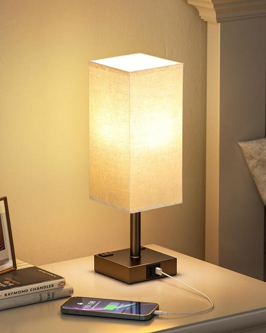 Brown Touch Table Lamp - Bedside Lamp with USB A + Type C Charging Ports and Two AC Outlets, Small Night Stand with E26 LED Bulb, Desk Light for Bedroom Living Room Office Dorm