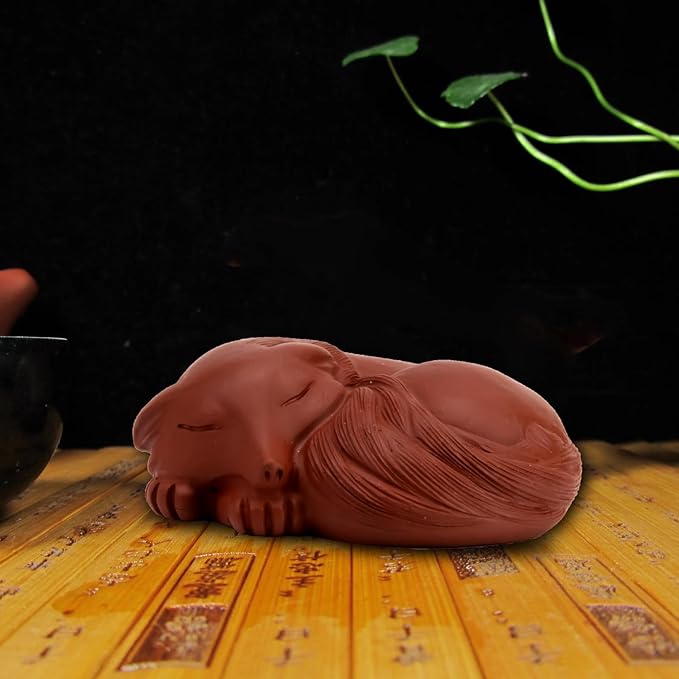 3.3" Chinese Fox Tea Pet Yixing Purple Clay Sculpture Lucky Fox Statue Art Ornament Tea Pet Handmade Purple Sand, Home Office Decorations