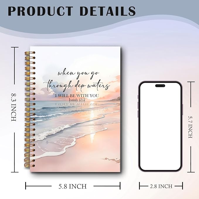 Coastal Christian Spiral Notebooks, Isaiah 43:2 Bible Journal, Scripture Journals for Writing, Christian Gifts for Women Men, Religious Notebook for Note Taking, 5.5x8.3 Inch