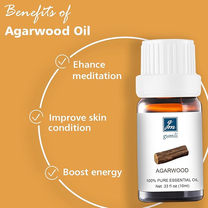 Agarwood Essential Oil - Pure Organic Oud Oil for Aromatherapy, Diffusers, Spray, Skin & Hair Care, Massage, DIY Candles & Soap, Perfume - 10mL