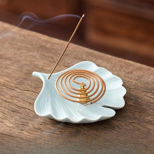 2-Style Ceramic Incense Burner, Bodhi&Ginkgo Leaf Design, Ceramic Incense Holder for Sticks with Ash Catcher&Built-in Stand, Zen Meaning Decor for Home, Office&Yoga/Sage/Cone(Brown and White)