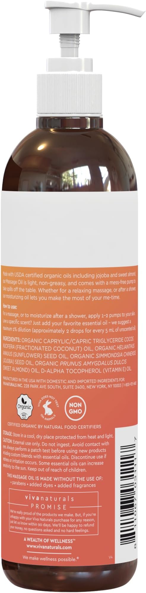 Viva Naturals Organic Massage Oil Unscented (8 fl. oz.) - Non-Greasy Body Oil with Mess-Free Pump, Moisturizing Massage Oils for Massage Therapy, Non-GMO and Certified Organic, 237 mL