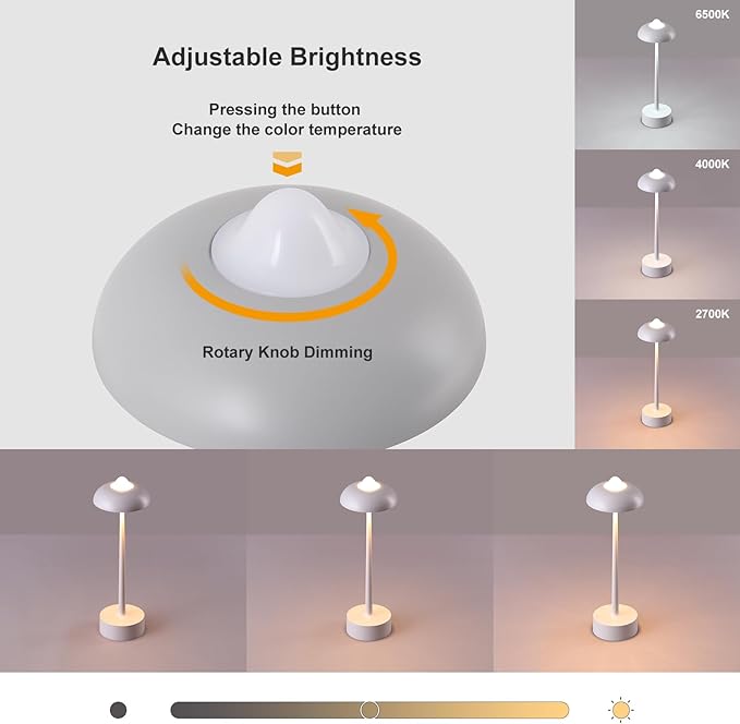 DAWALIGHT Rechargeable Lamps, Cordless Lamp with 5200mAh Battery Operated Lights,3 Color Stepless Dimming up Outdoor Table Lamp for Restaurant, Home, Bedroom, IP44 Waterproof, Aluminium,Grey