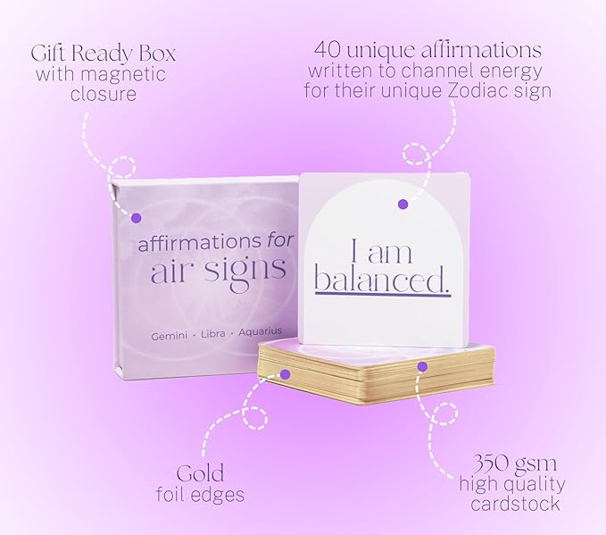 Affirmation Cards for Air Signs - Gifts for Gemini, Libra, Aquarius. Inspirational Card Set with 40 Daily Positive Affirmations, Spiritual Self Care, Zodiac Collection