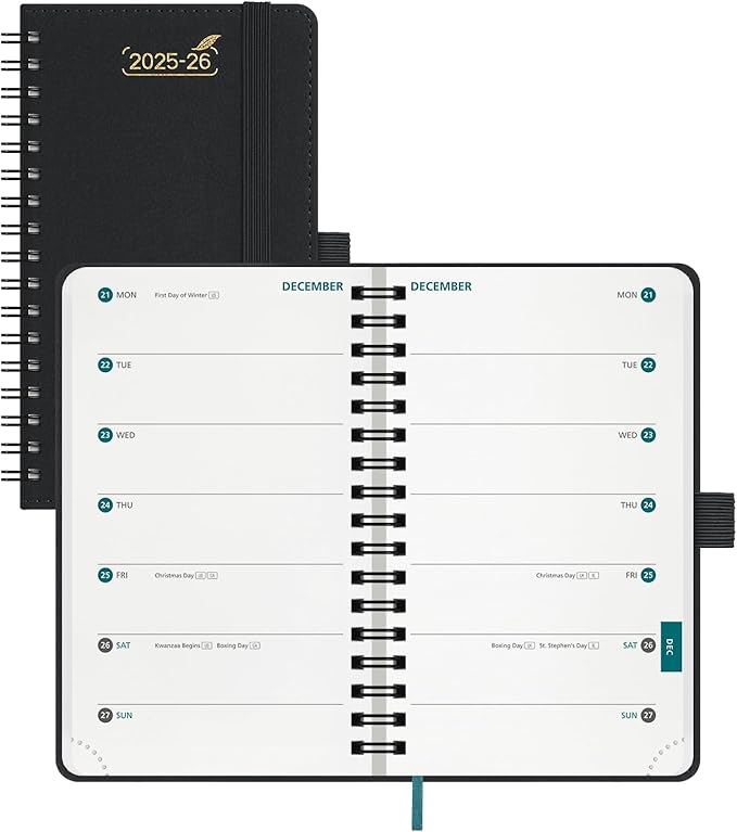 BEZEND Pocket Planner 2026 Weekly and Monthly (3.5" x 6"), 2-Column Calendar Book for Purse (Jul 25-Dec 26), Dual Schedule for Daily Appointment, Spiral Bound, PU Leather Softcover, Black