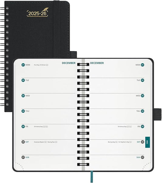 BEZEND Pocket Planner 2026 Weekly and Monthly (3.5" x 6"), 2-Column Calendar Book for Purse (Jul 25-Dec 26), Dual Schedule for Daily Appointment, Spiral Bound, PU Leather Softcover, Black