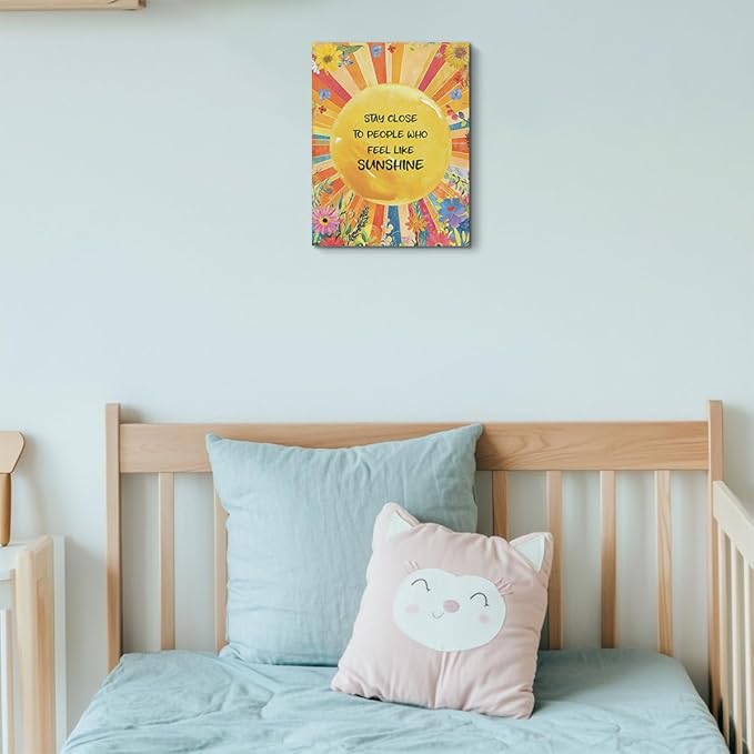 Inspirational Quotes Wall Art Decor, Stay Close to People Who Like Sunshine Framed Canvas Wall Art for Girls Room Nursery Home Living Bedroom Office Decor Sunshine Encouragements Gifts