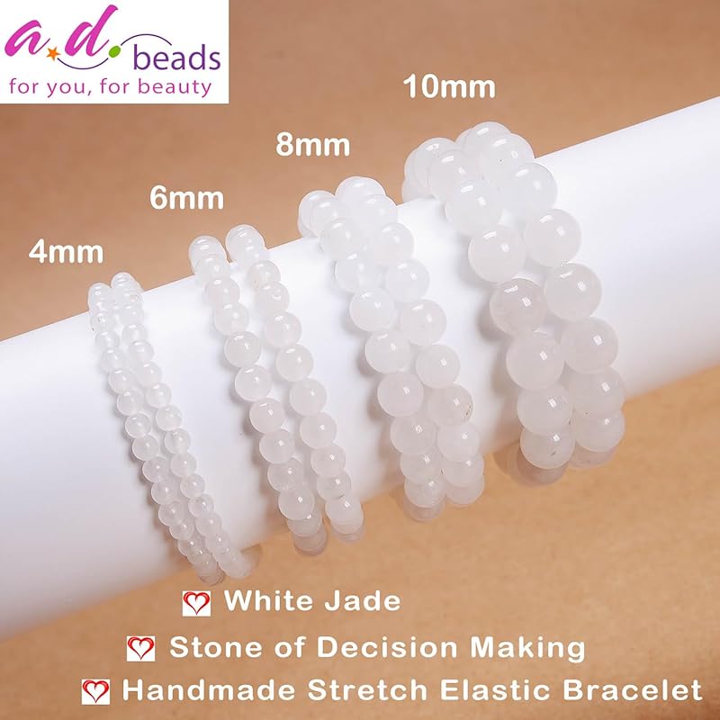 AD Beads Handmade Gemstone Stretch Elastic Bracelet Crystal Healing Reiki Nature's Beauty and Spiritual Essence Unisex (6mm, White Jade (Decision Making))