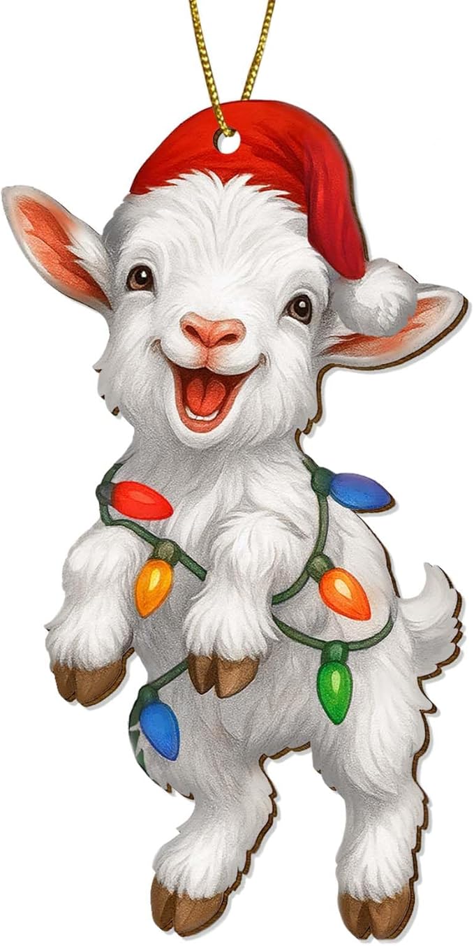 2 Side Printed Flat Christmas Wooden Ornaments, Animal Keepsake Hanging Tree Decoration, Cute Goat Ornament