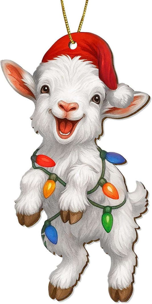 2 Side Printed Flat Christmas Wooden Ornaments, Animal Keepsake Hanging Tree Decoration, Cute Goat Ornament