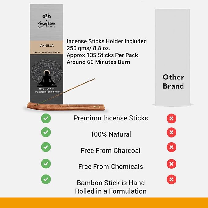 Simply Vedic Vanilla Incense Sticks – 250g Pack (Approx. 135 Handmade Agarbatti + Free Holder) | Charcoal-Free | Natural Essential Oils for Meditation, Sleep, Mood, Yoga & Aromatherapy Use